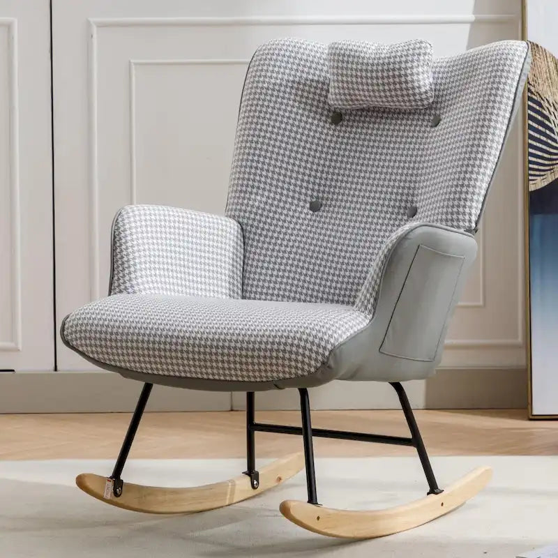 Fauteuil à bascule, fauteuil à bascule en tissu pied-de-poule souple et simili cuir pour chambre d'enfant