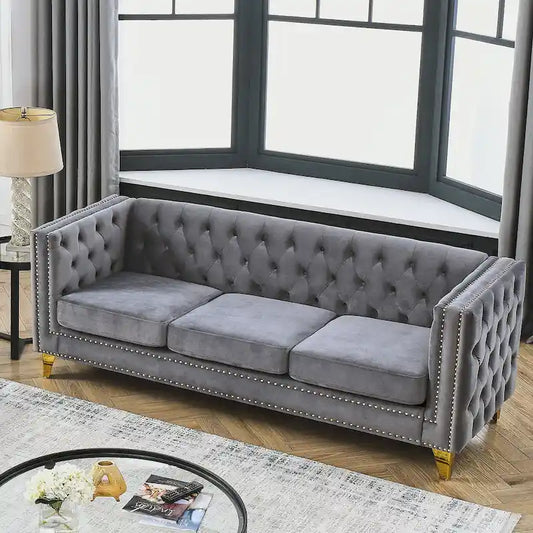 Canapé 3 places gris 80,5 cm en velours capitonné avec décoration cloutée