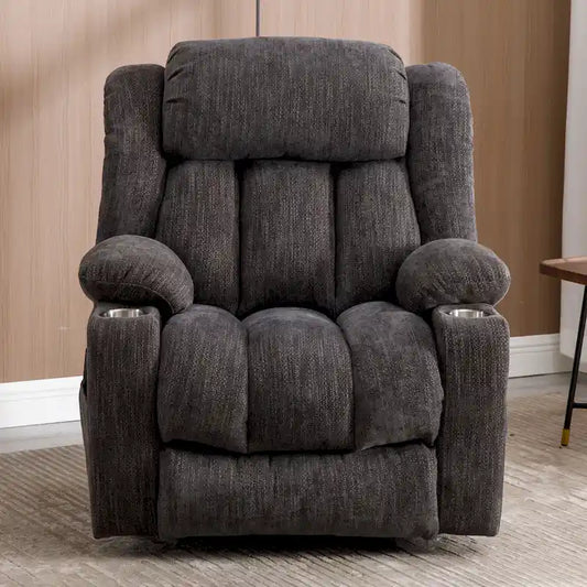 Fauteuil inclinable électrique en chenille grise avec massage, chauffage, port USB et porte-gobelets