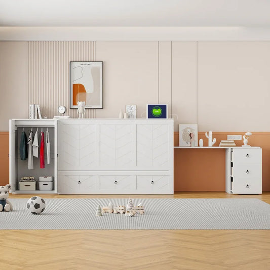 Lit escamotable Queen Size avec port USB, grand tiroir et combinaison armoire/bureau