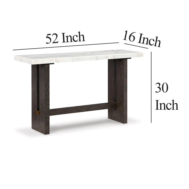 Console Haus Sofa, plateau en marbre, pieds à panneaux, 132 cm (52 pouces), bois brun