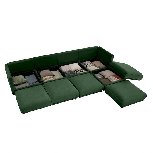 Canapé d'angle modulaire en forme de L, revêtu de chenille, avec assise de rangement, à monter soi-même.