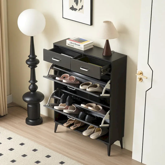 Meuble à chaussures grand format, étagère à chaussures sur pied avec seau basculant, 2 tiroirs rabattables et 2 tiroirs