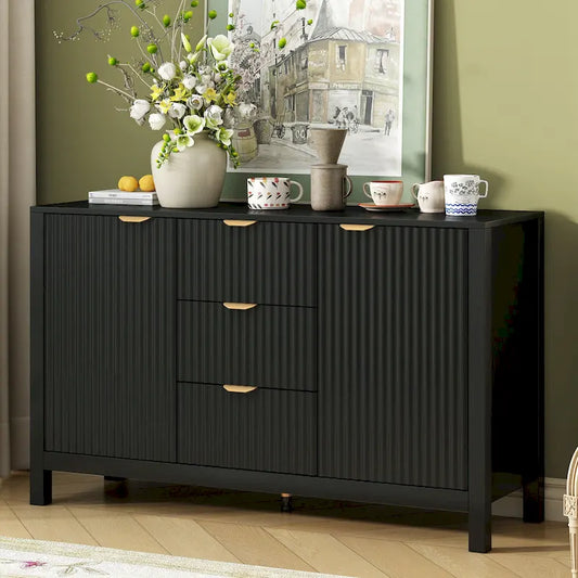 Meuble d'entrée au design ondulé - 3 étagères réglables, 3 tiroirs et portes à fermeture douce, console de rangement avec poignées en métal