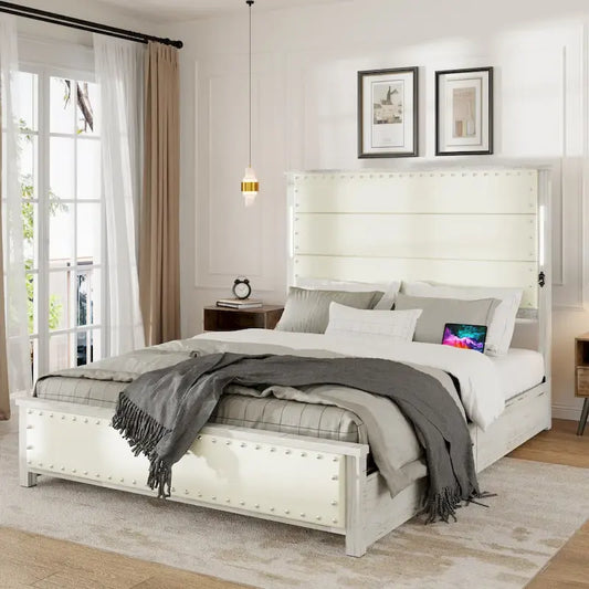 Cadre de lit HEBZON Queen Size en MDF blanc et métal avec tête de lit rembourrée et 4 tiroirs de rangement