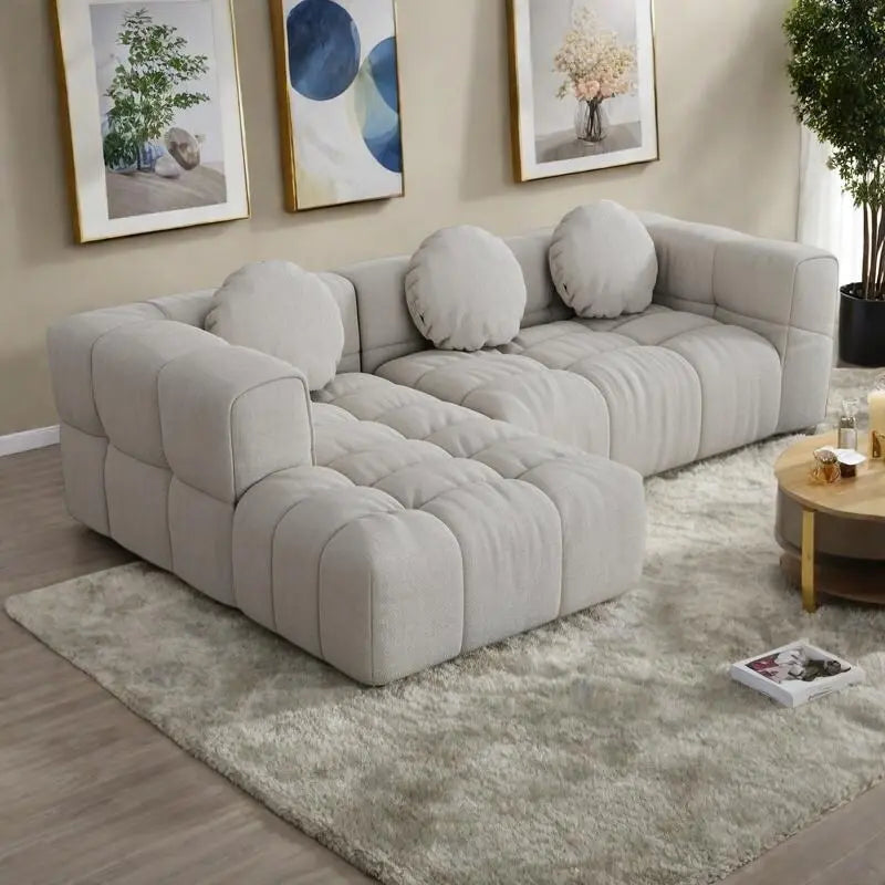 Canapé d'angle en chenille 103 avec fauteuil inclinable à gauche, 3 coussins et design modulable