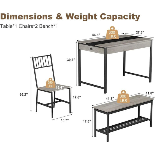 Ensemble table et chaises pour 4 personnes, comprenant une table de cuisine en bois, 2 chaises et un banc.