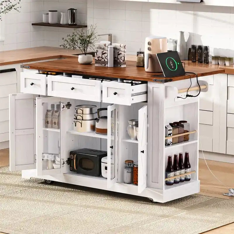 Îlot de cuisine avec abattant, 3 tiroirs et 5 étagères latérales ouvertes, chariot de cuisine à roulettes avec 2 portes d'armoire en verre trempé et prise électrique