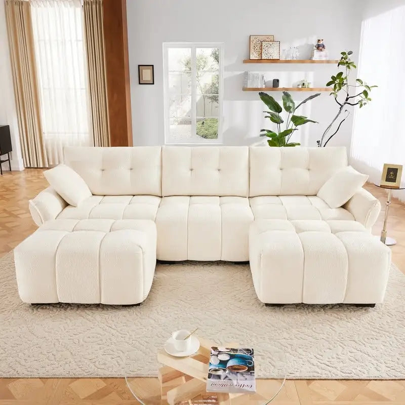 Canapé 3 places capitonné en chenille 110,2 cm, 2 poufs