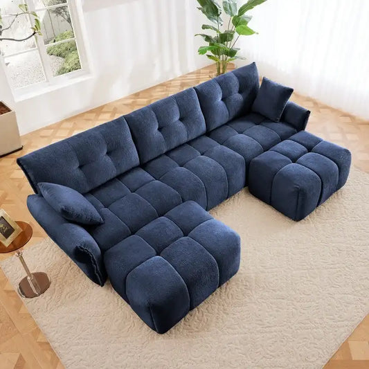 Canapé 3 places capitonné en chenille 110,2 cm, 2 poufs