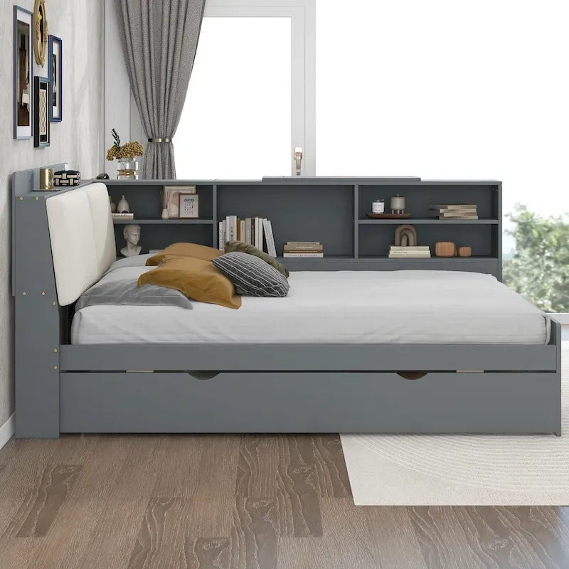 Lit de jour moderne avec rangement intégré, cadre en bois, lit plateforme, lit gigogne, tête de lit rembourrée et étagères. Sommier non requis.
