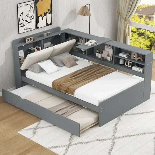 Lit de jour moderne avec rangement intégré, cadre en bois, lit plateforme, lit gigogne, tête de lit rembourrée et étagères. Sommier non requis.