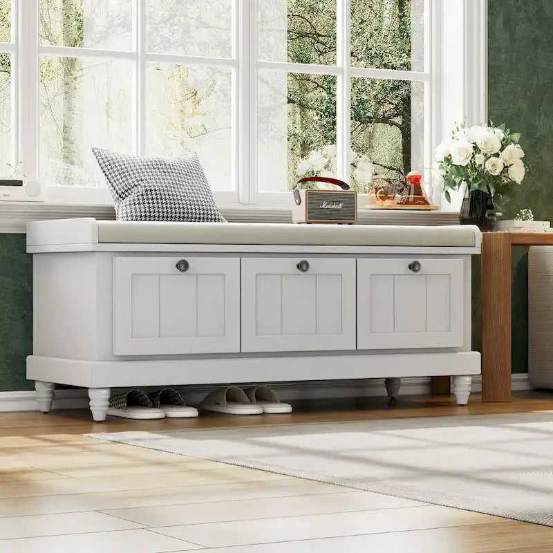Banc à chaussures classique cannelé avec coussin et 3 tiroirs