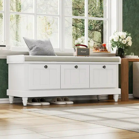 Banc à chaussures classique cannelé avec coussin et 3 tiroirs