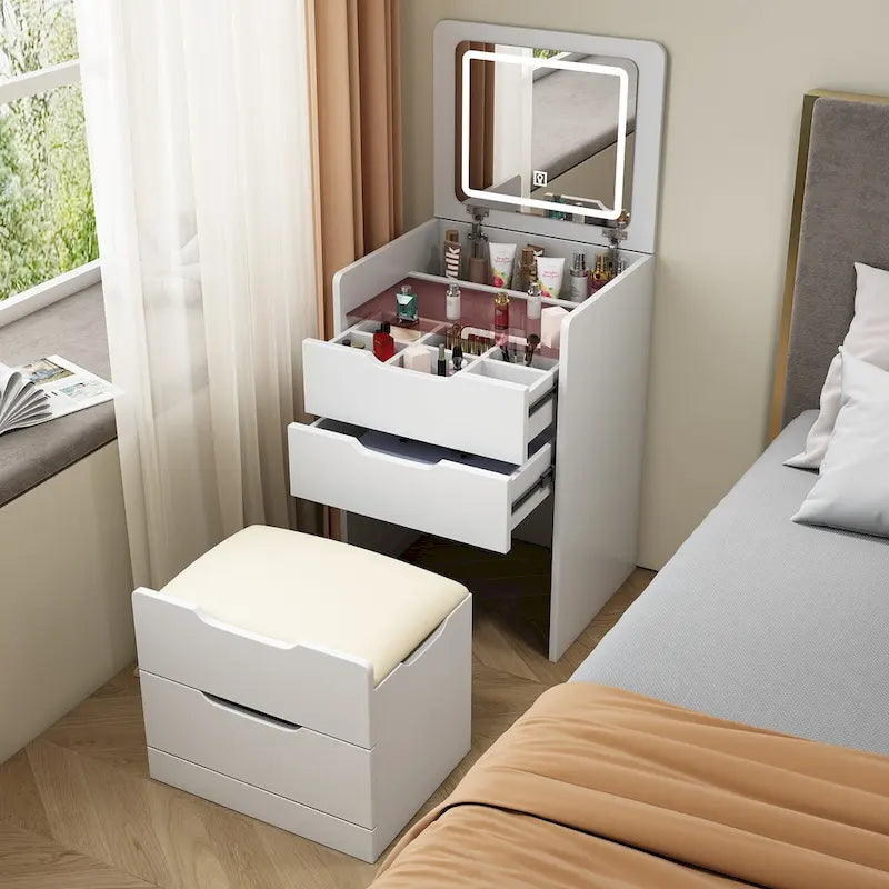 Ensemble coiffeuse 3 en 1 avec plateau en verre, 3 tiroirs et tabouret.