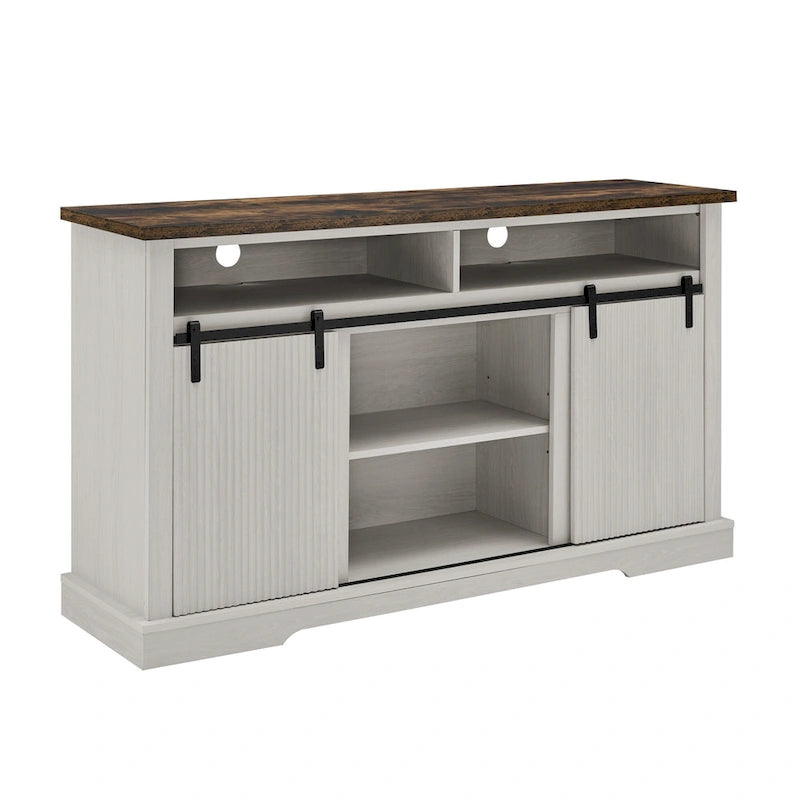 Meuble TV rustique avec portes coulissantes de style grange, étagères de rangement supérieures et inférieures et étagères réglables pour salon