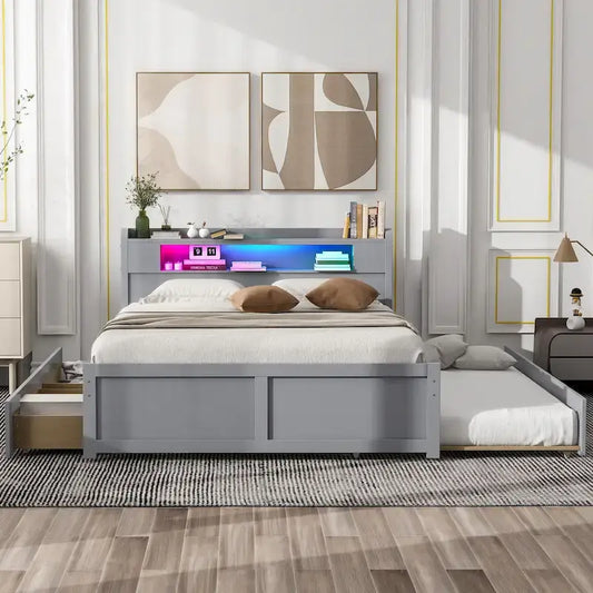 Lit plateforme Queen Size avec éclairage LED et lit gigogne, cadre de lit en bois avec étagère de tête de lit et 2 tiroirs pour enfants, adolescents et adultes