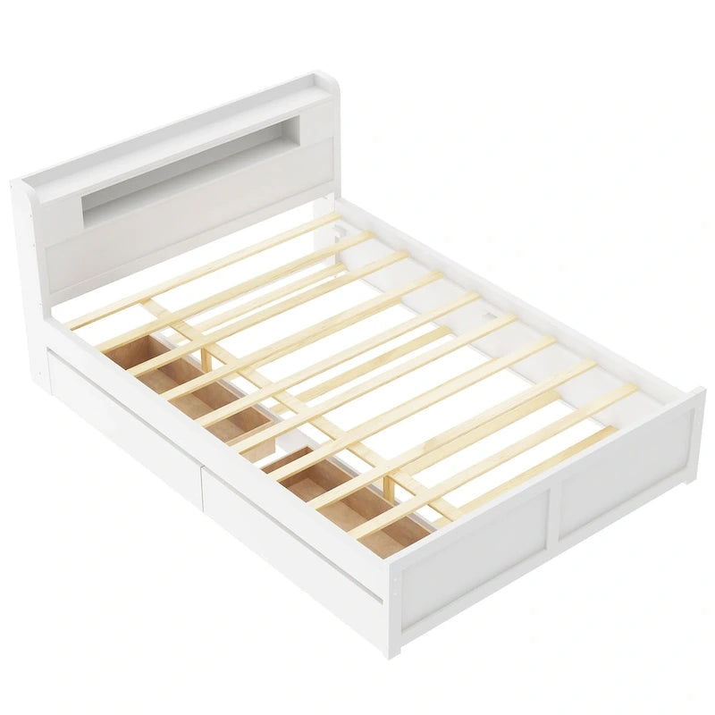 Lit plateforme Queen Size avec éclairage LED et lit gigogne, cadre de lit en bois avec étagère de tête de lit et 2 tiroirs pour enfants, adolescents et adultes