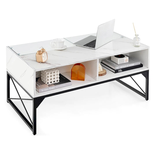 Table basse Gymax à éclairage LED brillant avec plateau en faux marbre et verre trempé