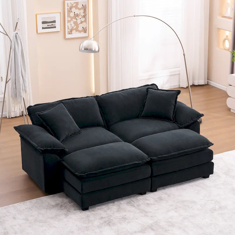 Canapé 2 places avec 2 coussins, 2 oreillers et 2 poufs, canapé confortable - Canapé profond pour salon, canapé modulable