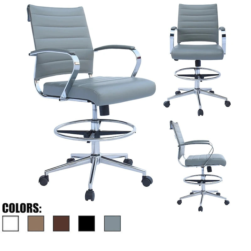 Tabouret de bureau avec accoudoirs, hauteur comptoir, roulettes, revêtement en cuir PU, inclinable et pivotant, pour bureau assis-debout.