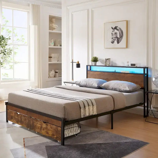 Lit plateforme en métal King Size avec lumières LED, tête de lit en bois et deux tiroirs pour chambre à coucher