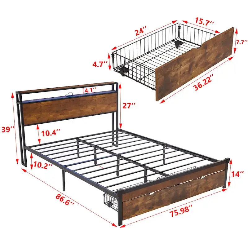 Lit plateforme en métal King Size avec lumières LED, tête de lit en bois et deux tiroirs pour chambre à coucher
