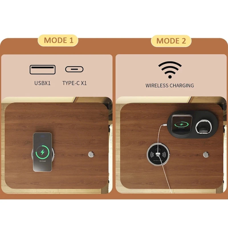 Lit plateforme moderne en métal, format king, avec tête de lit rembourrée et chargeur.