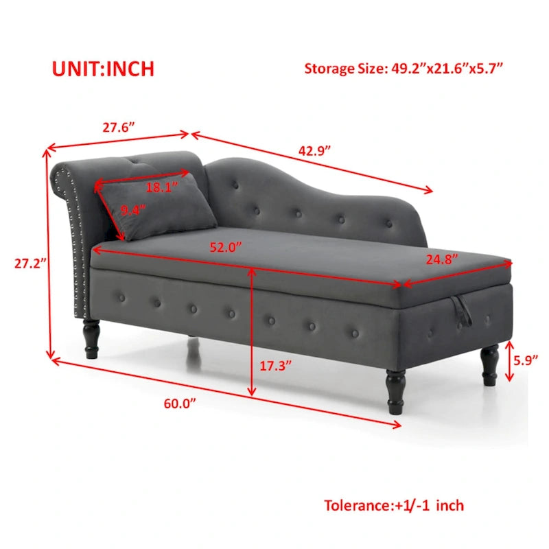 Chaise longue capitonnée grise moderne à 60 boutons, revêtue de velours, avec pieds en bois massif et rangement