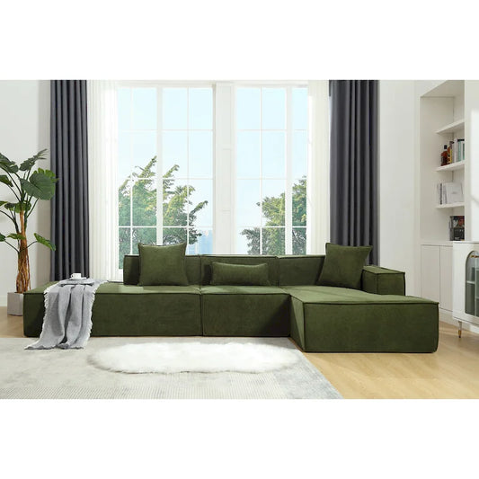 Canapé d'angle modulable minimaliste vert 129,5 cm en forme de L, 4 places avec méridienne, design modulable et polyvalent.