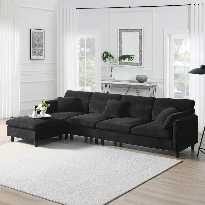 Canapé d'angle convertible moderne en forme de L, 5 places, avec pouf amovible et 5 coussins, en tissu chenille moelleux.