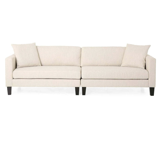 Canapé 3 places beige moderne 101 avec pieds en bois et deux coussins pour salon
