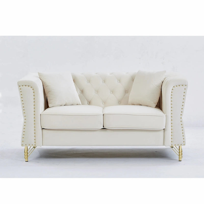 Canapé 2 places en velours beige 60,2 cm avec pieds en métal, 2 coussins, garniture cloutée, structure en bois massif et rembourrage en mousse