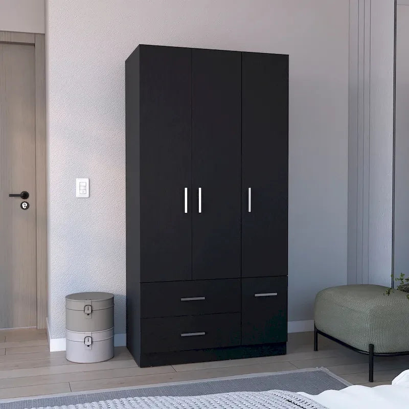 Armoire moderne à quatre portes de 18,7 pouces avec tringle, deux tiroirs et six étagères