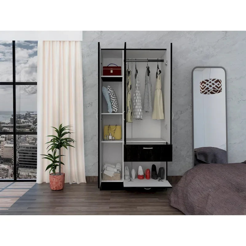 Armoire moderne à double porte de 18,5 pouces avec tringle métallique, un tiroir et cinq étagères
