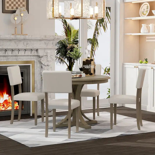 Ensemble de salle à manger rétro taupe 5 pièces en bois avec table à tréteaux incurvée et 4 chaises