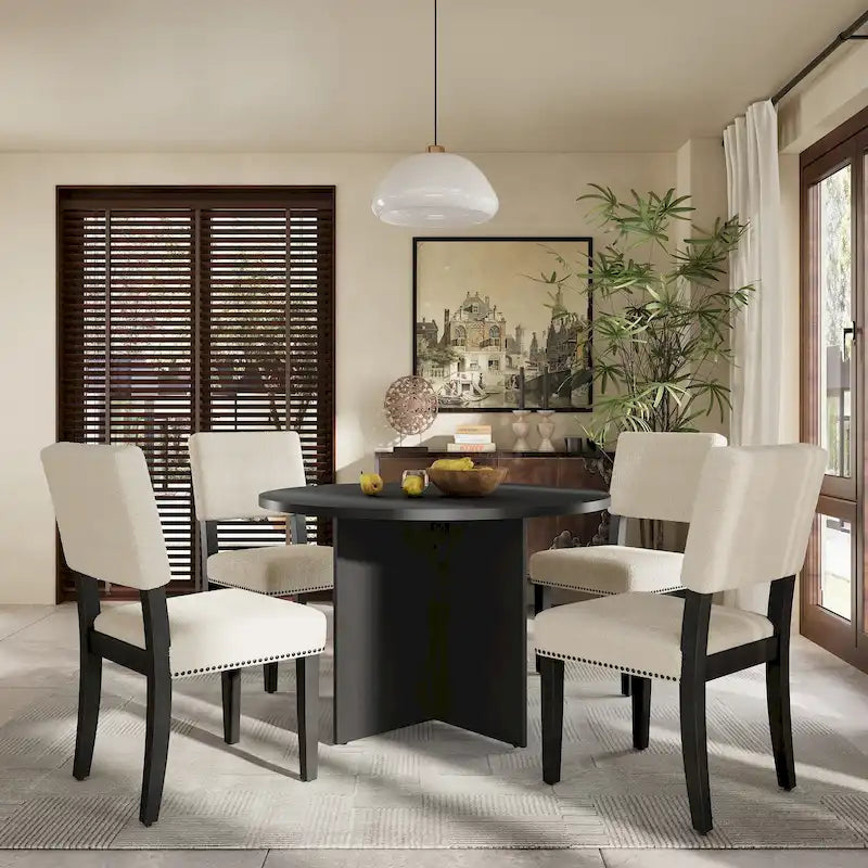 Ensemble de salle à manger 5 pièces en bois de style campagnard avec table ronde et 4 chaises rembourrées en tissu aspect laine d'agneau
