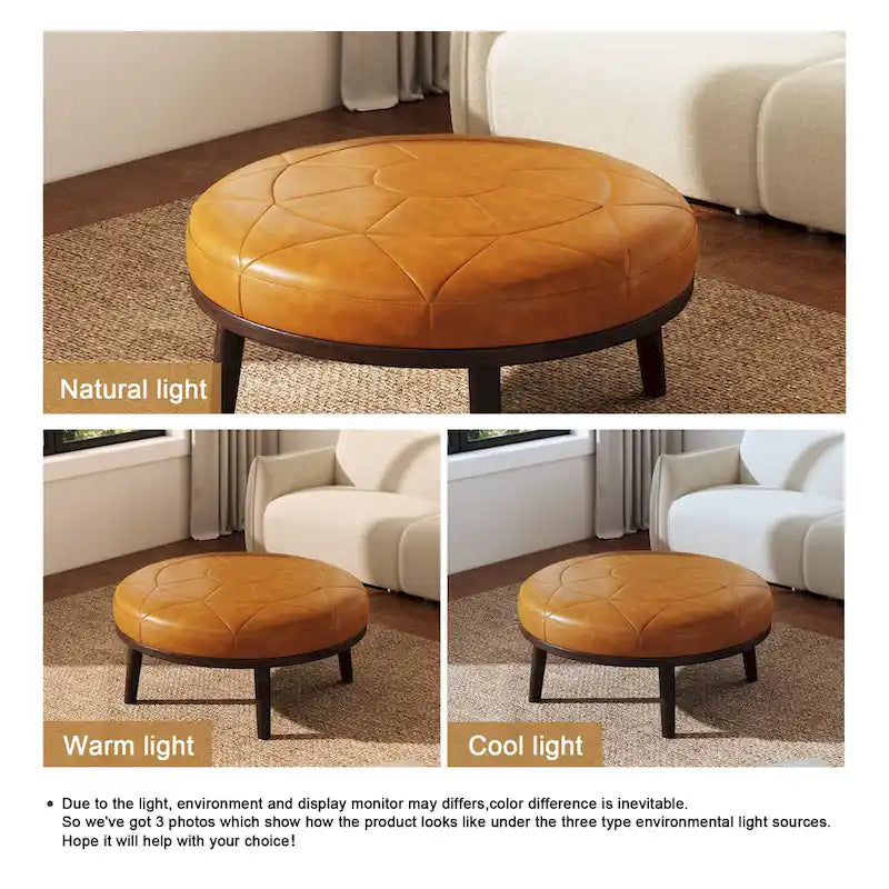 Pouf en cuir italien pleine fleur véritable de 34,5 cm de large par Lumibee