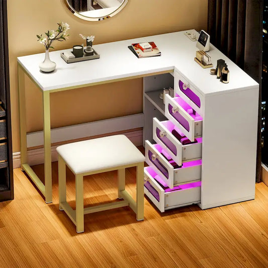 Ensemble bureau en L Moasis à 5 tiroirs avec tabouret rembourré et éclairage LED