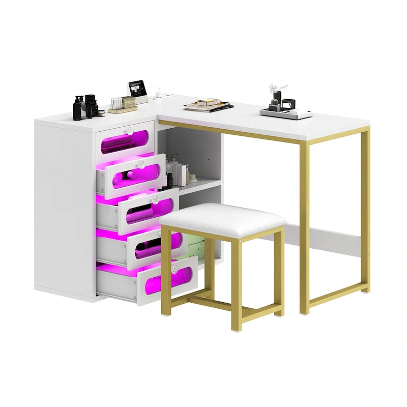 Ensemble bureau en L Moasis à 5 tiroirs avec tabouret rembourré et éclairage LED