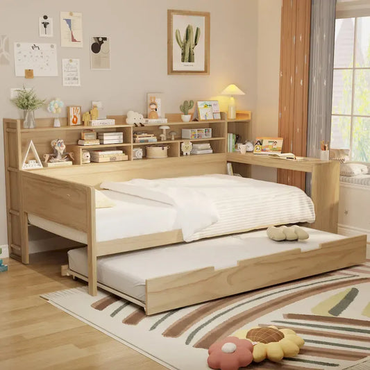 Lit capitaine tout-en-un en bois avec bibliothèque intégrée en forme de U, lit gigogne et bureau latéral pour chambre à coucher