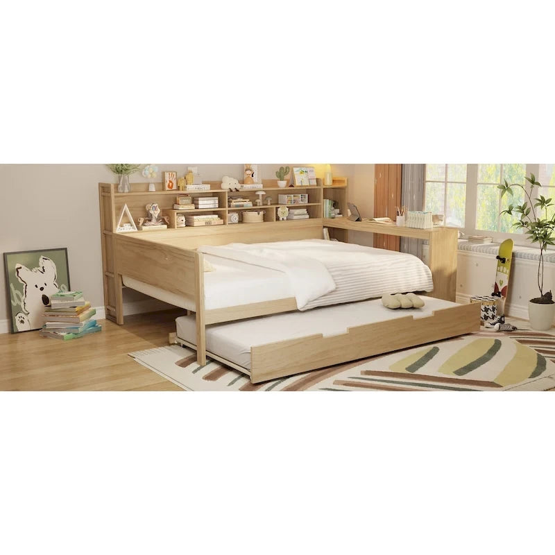 Lit capitaine tout-en-un en bois avec bibliothèque intégrée en forme de U, lit gigogne et bureau latéral pour chambre à coucher