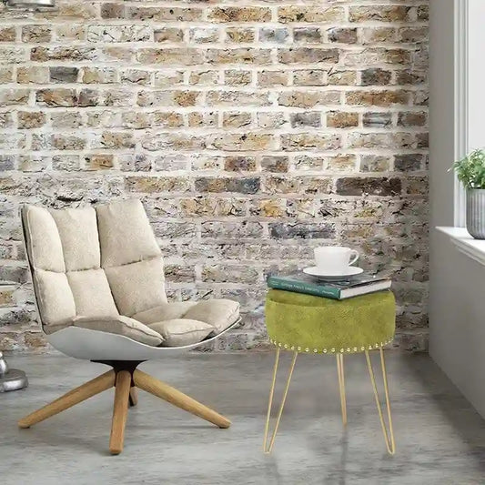 Tabouret rond Adeco, pouf en velours, pieds en métal doré