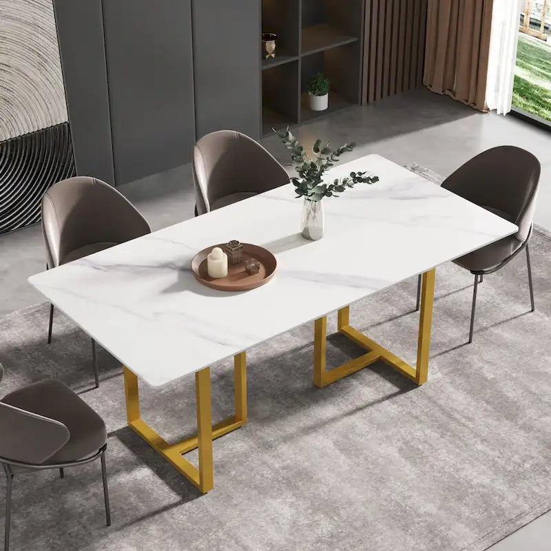 Table de salle à manger en marbre blanc 71 pour 6 à 8 personnes, plateau rectangulaire et pieds triangulaires en acier au carbone