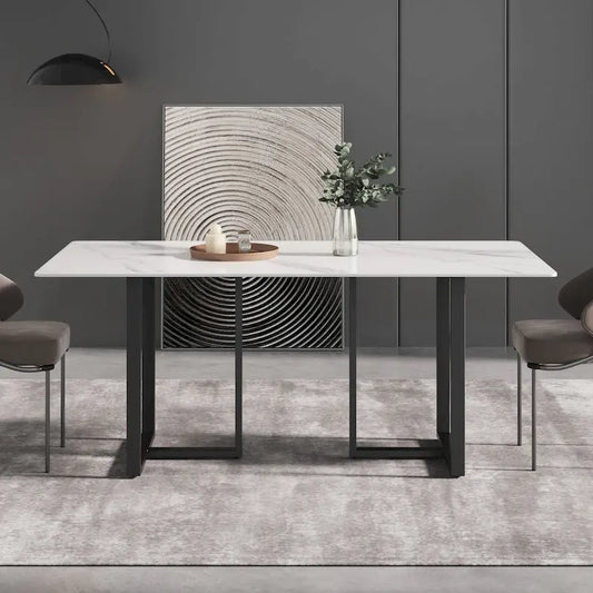 Table de salle à manger en marbre blanc 71 pour 6 à 8 personnes, plateau rectangulaire et pieds triangulaires en acier au carbone