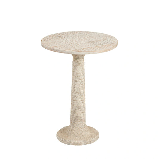 Table d'appoint ronde Abbott en bois massif blanchi, avec piètement recouvert de corde de jute