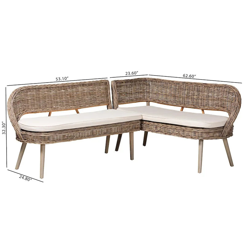 Ensemble banquette de salle à manger Raisa moderne de style bohème en rotin Kubu naturel et bois d'acacia, 2 pièces