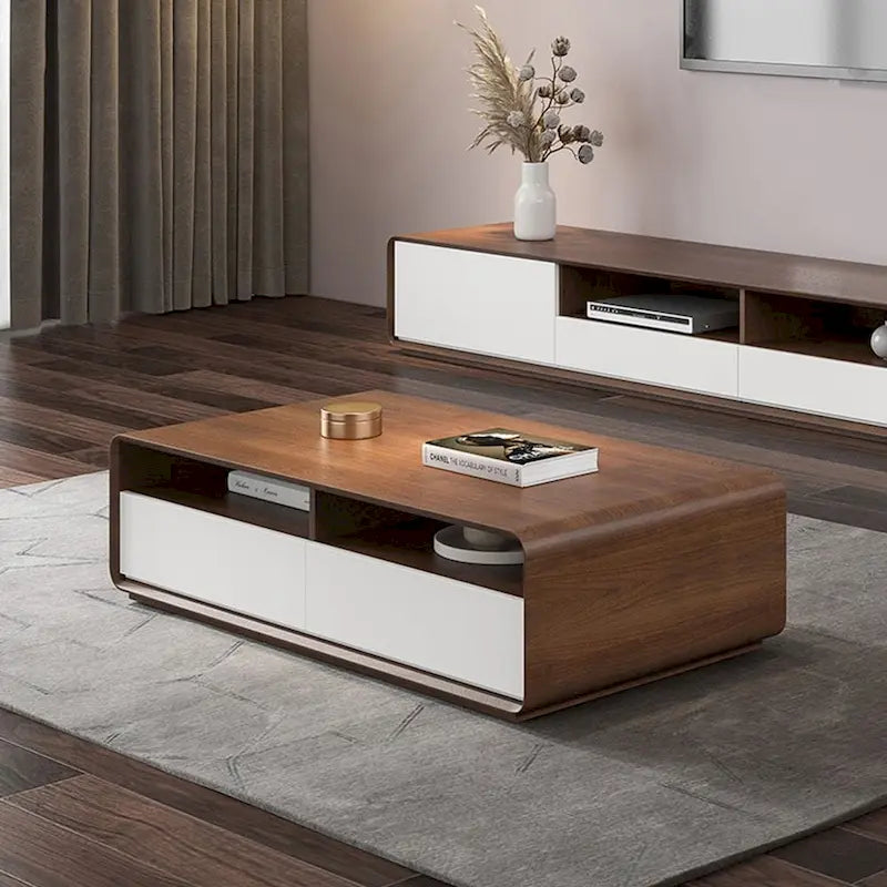 Meuble TV moderne en bois, console multimédia basse avec 4 tiroirs, placard de rangement ouvert, placage noyer, entièrement assemblé