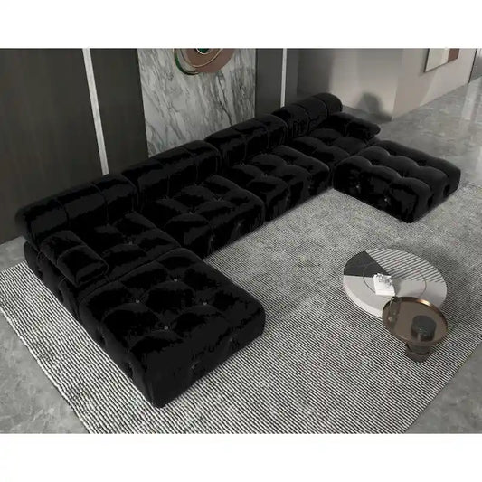 Canapé d'angle 6 pièces en velours, en forme de U, 4 places avec 2 poufs