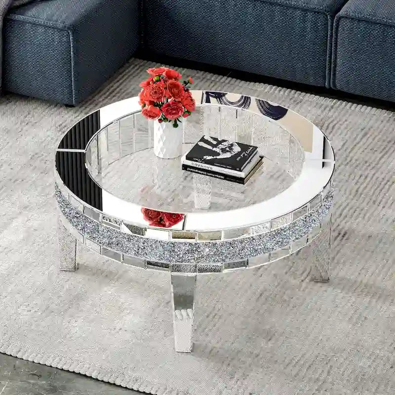 Table basse ronde avec plateau en verre et incrustations de cristal